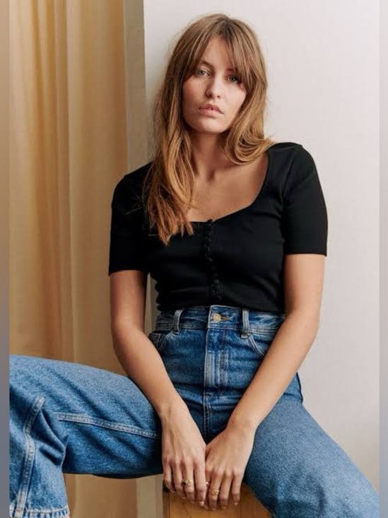 Sezane Tops - NWT Sezane Grant Scoop Neck Button Front rib Top organic cotton black M